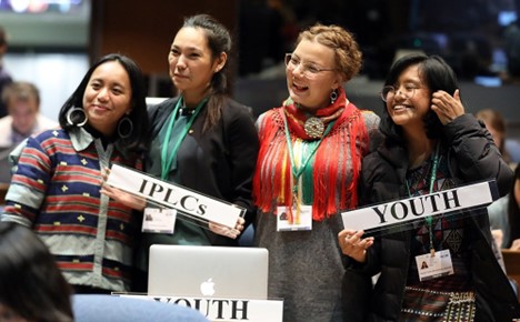 Indigenous youth representatives at the 11th Meeting of the Ad Hoc Open-ended Working Group on Article 8(j) and Related Provisions of the CBD, November 2019. 