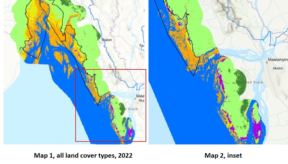 Map 1: all land cover types, 2022 and Map 2: inset