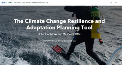 Diver, with his back facing the camera, jumps off the boat and into the ocean, superimposed over the image in white is the title “The Climate Change Resilience and Adaptation Planning Tool” 