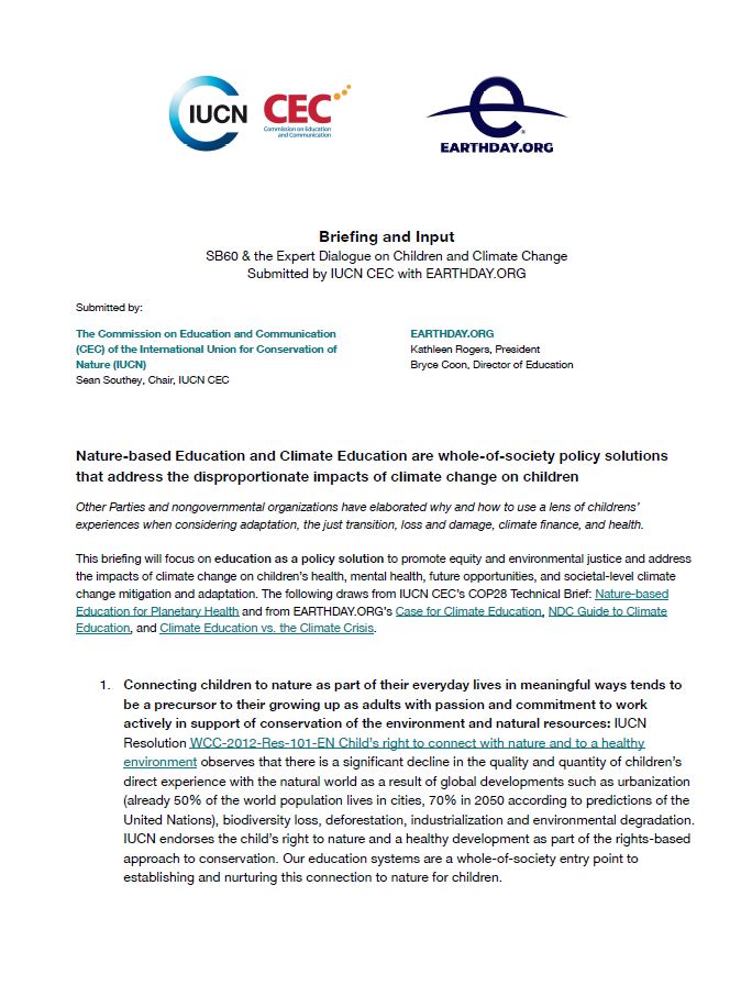 cover page of the policy brief from IUCN CEC and EarthDay in preparation of UNFCCC SB60
