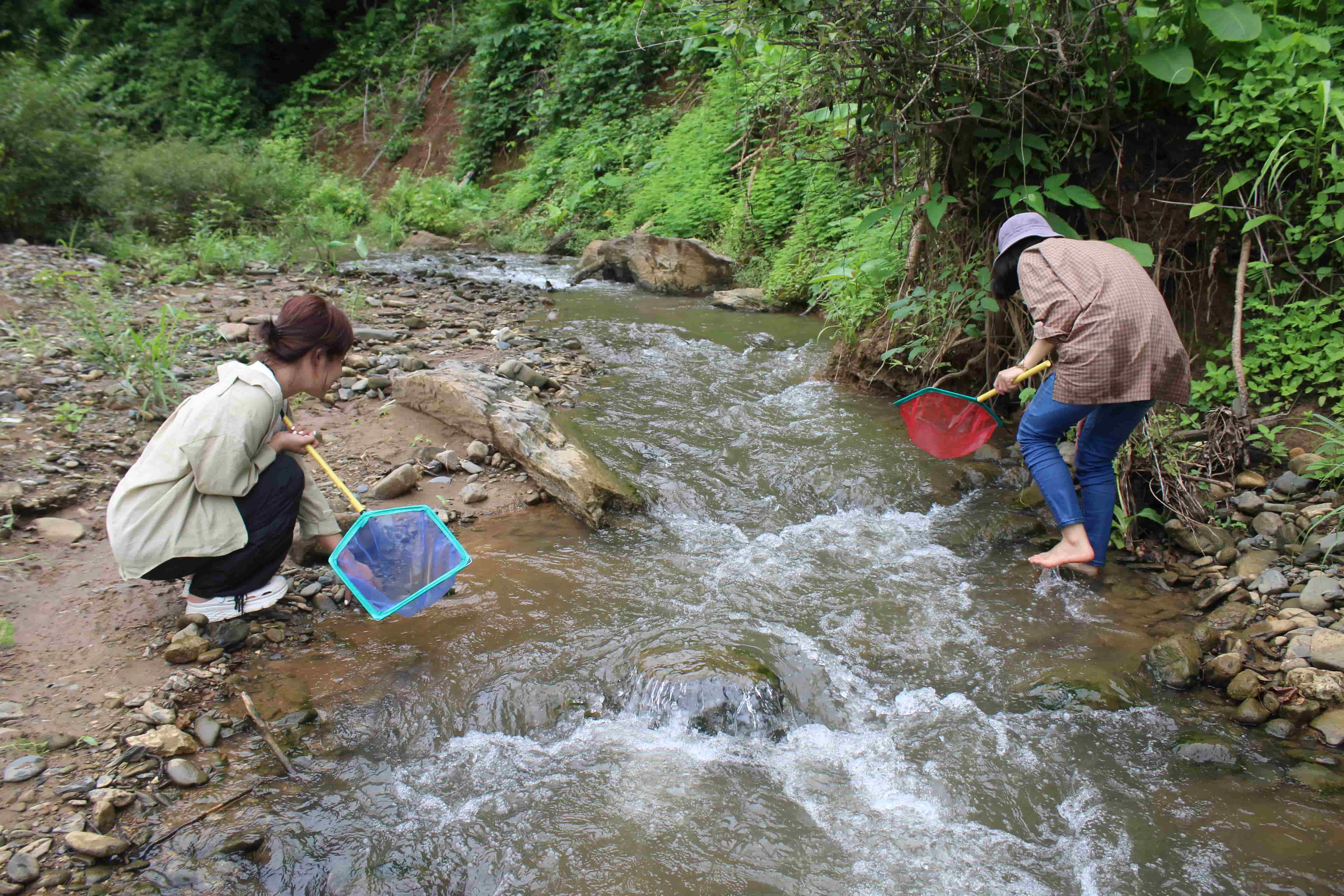 Two women holding fishing nets while looking for fish in the river
