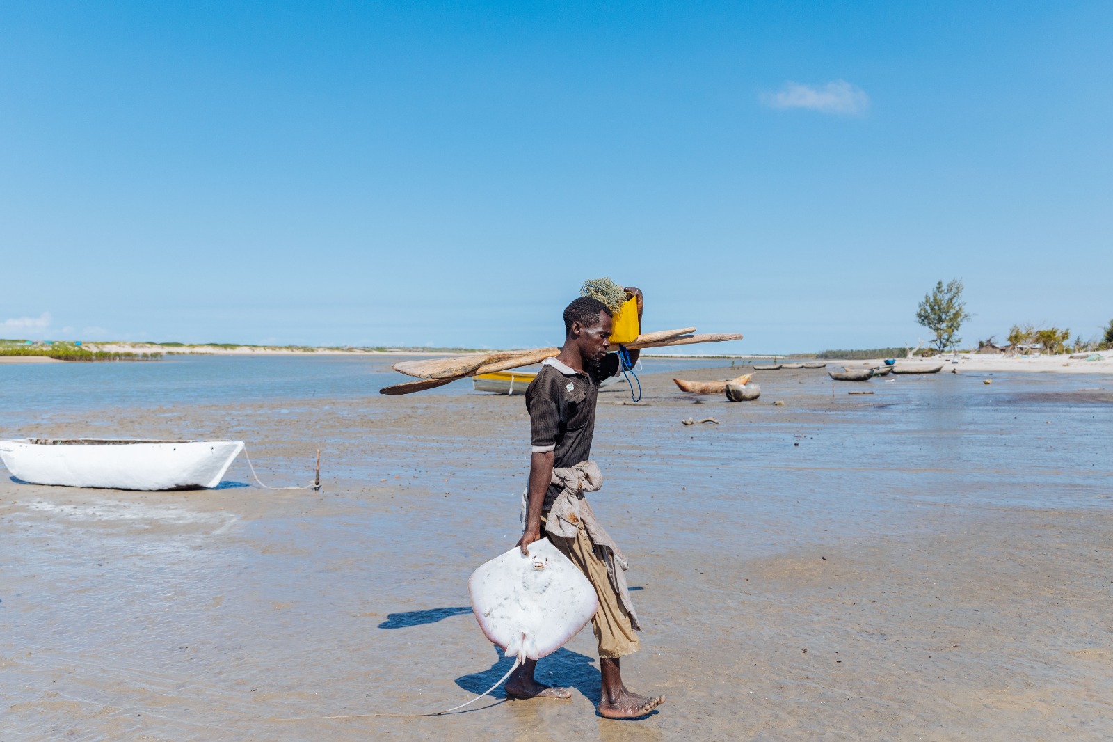A fisherman in the coastal of Mozambique walking with a catch.