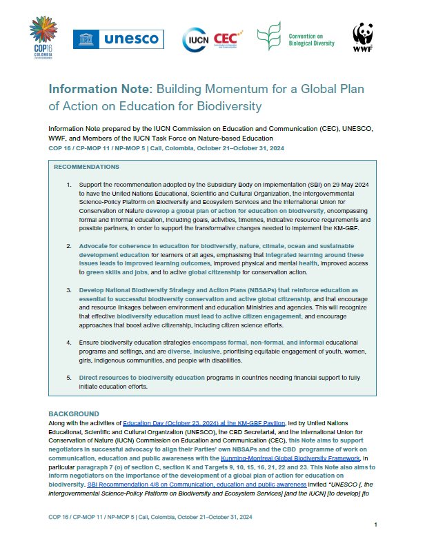 Information Note: Building Momentum for a Global Plan of Action on Education for Biodiversity – resource Information Note: Building Momentum for a Global Plan of Action on Education for Biodiversity – resource