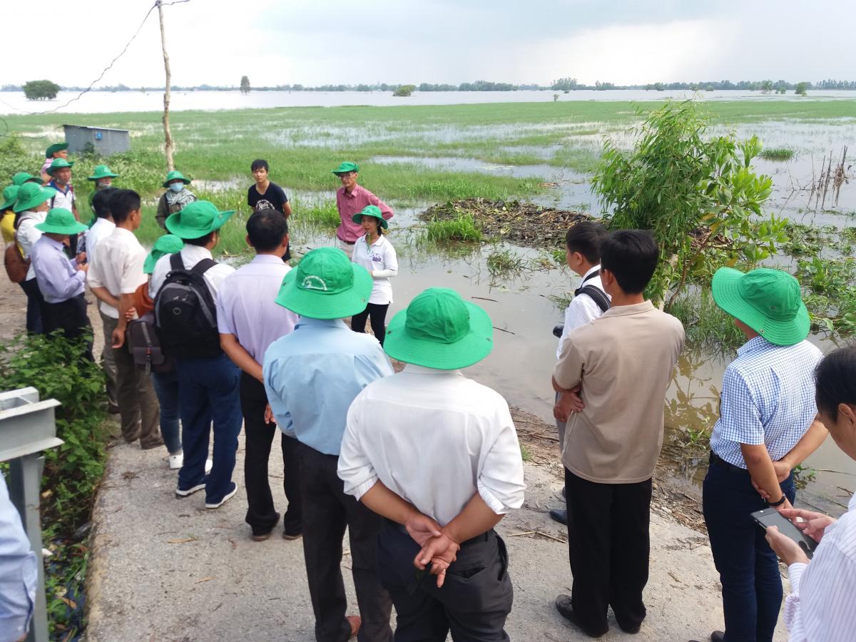 Participants at field demonstration of floating agriculture, Viet Nam