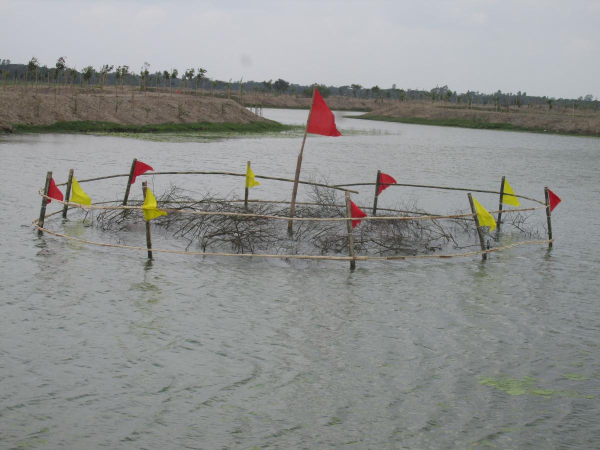 Red and yellow flags poke out of the water in a ring around some brush