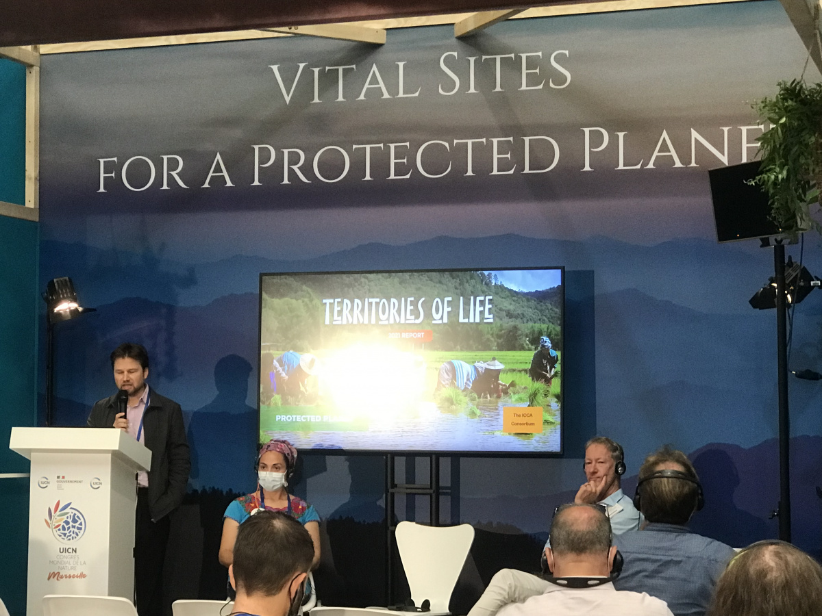 Terence Hay-Edie speaks at the 'Vital Sites for a Protected Planet' Pavilion at the IUCN Congress in Marseille