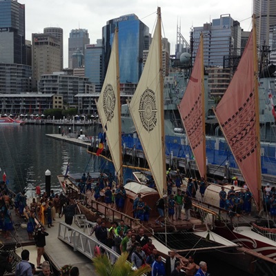 The vaka canoes of the Mua Voyage at the Australian National Maritime Museum