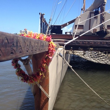 The Samoan voyaging canoe Gaualofa set to sail from Apia, Samoa, as part of the Mua Voyage to the IUCN World Parks Congress 2014 in Sydney