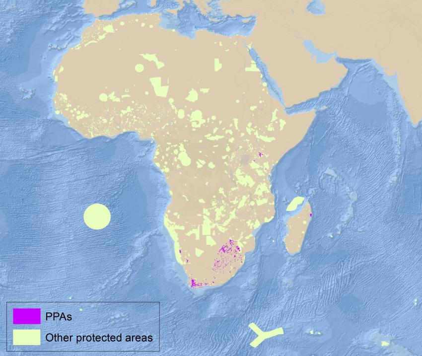 Africa: protected areas in the WDPA, December 2016, with South African Biosphere Reserve buffer zones removed