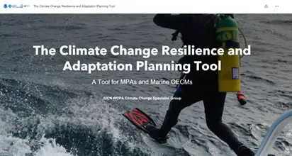 Diver, with his back facing the camera, jumps off the boat and into the ocean, superimposed over the image in white is the title &ldquo;The Climate Change Resilience and Adaptation Planning Tool&rdquo; 