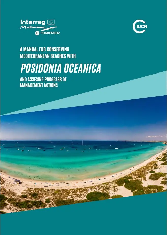 Cover of the manual for conserving Mediterranean Posidonia beaches and assessing progress of management actions