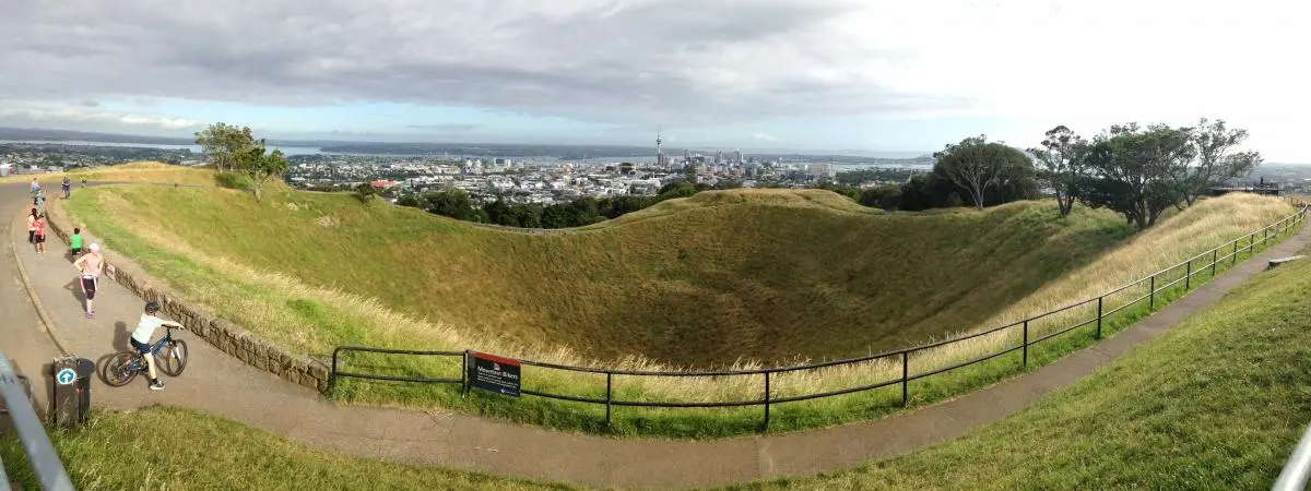 View of Auckland from Maungawhau / Mount Eden volcanic cone, a sacred Māori site in the middle of Auckland city