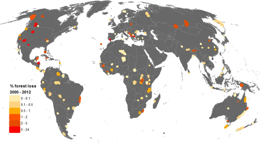 Map showing forest loss in World Heritage sites