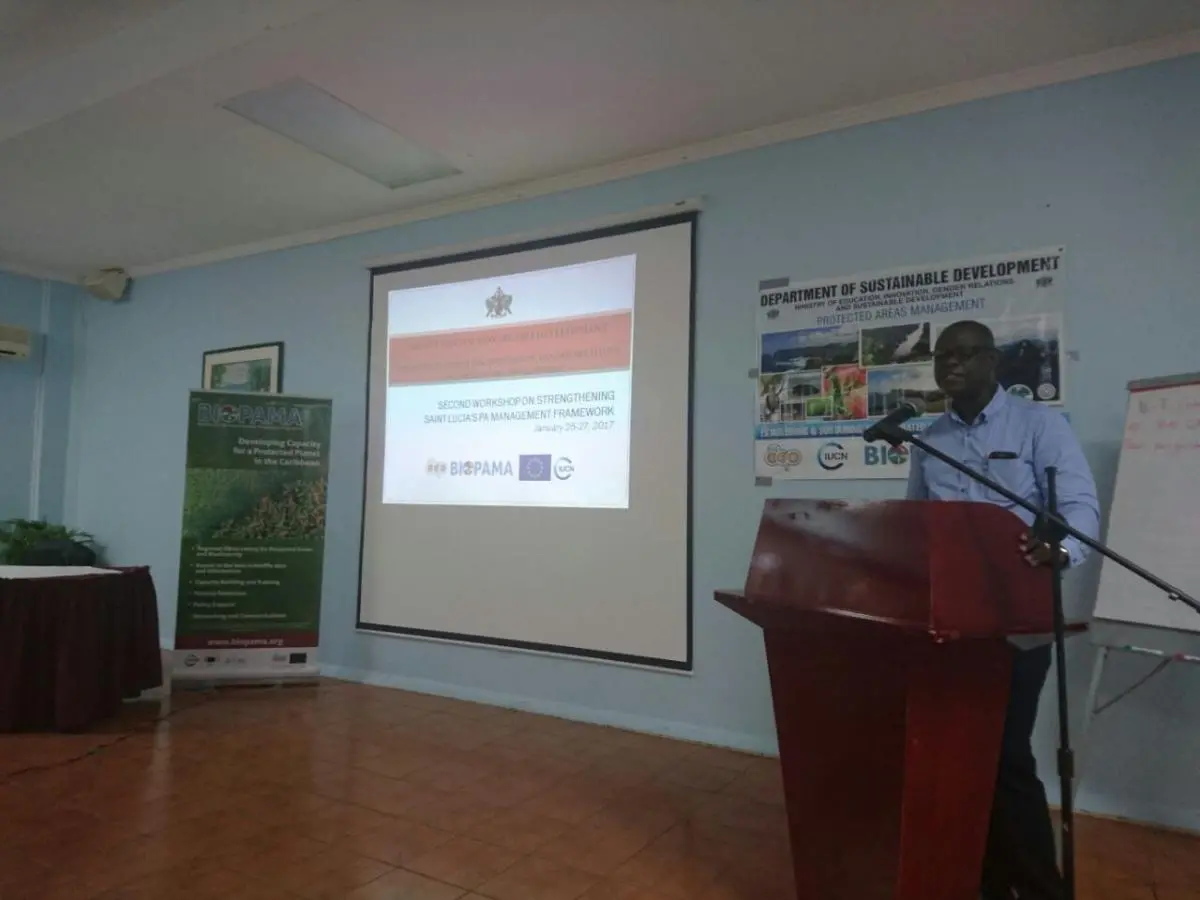 Augustine Dominique, Protected Areas Manager in the Department of Sustainable Development opening the session