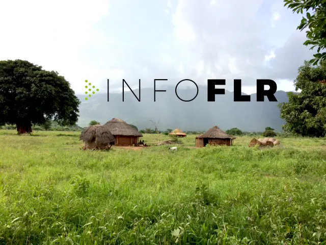 huts in grassy landscape with trees and mountain. InfoFLR logo at top