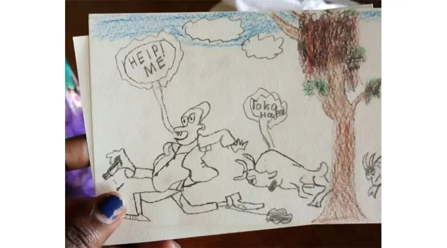 Child drawing of a cow chasing a tree cutter. 