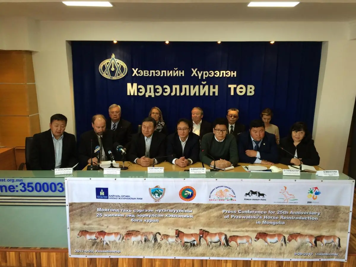 Press conference for 25th Anniversary of Przewalski’s horse reintroduction in Mongolia. Delegates of Ministry of Environment and Tourism, Hustai National Park Trust NGO, International Takhi Group NGO, Prague Zoo of Czech Republic, Khomyn Talyn Takhi NGO’s