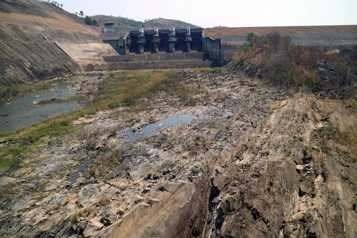 A hydropower dam on Srepok River in the dry season 2016