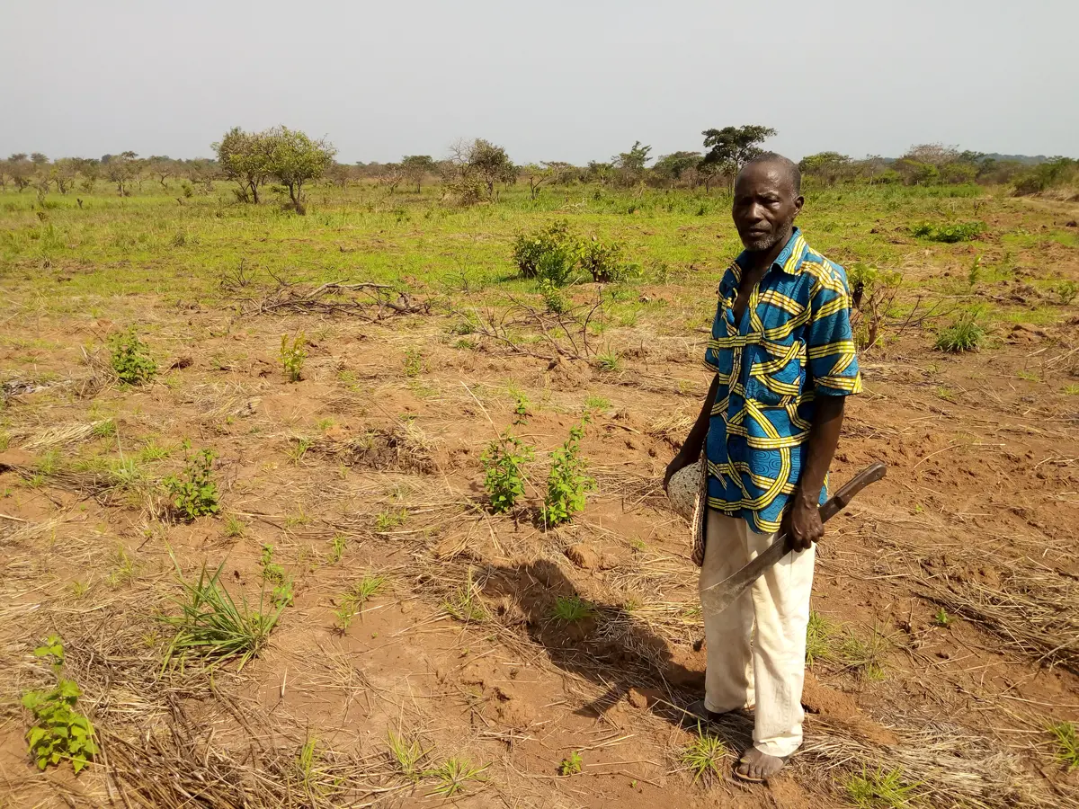 man standing in dry field