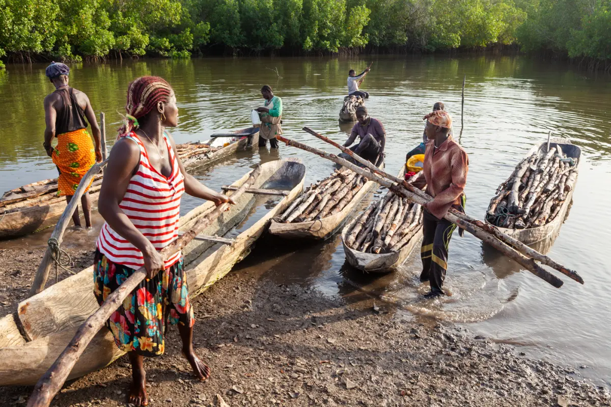 women standing next to canoes filled with wood