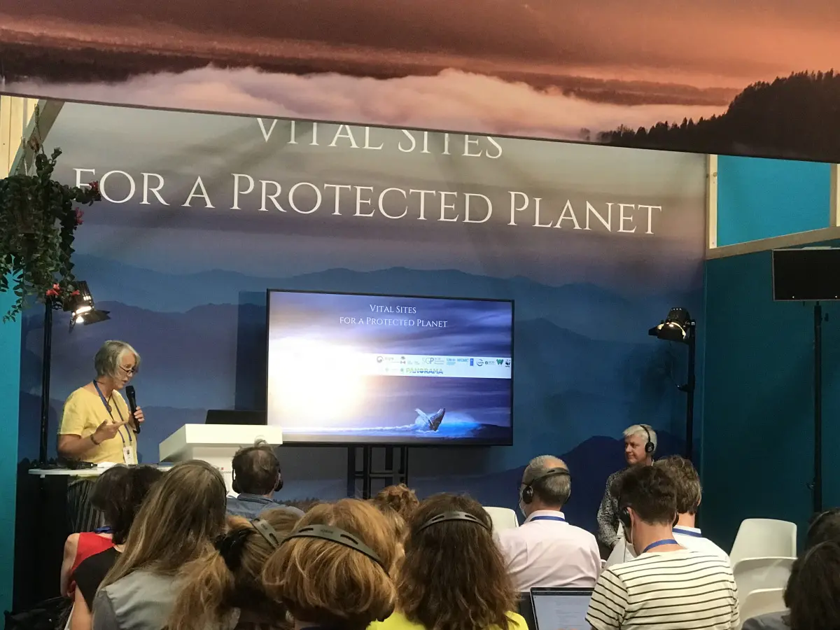 Dr Thora Amend speaks at the 'Vital Sites for a Protected Planet' Pavilion at the IUCN Congress in Marseille