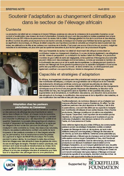 Briefing Note - Soutenir l'adaptation au changement climatique dans le secteur de l'&eacute;levage africain