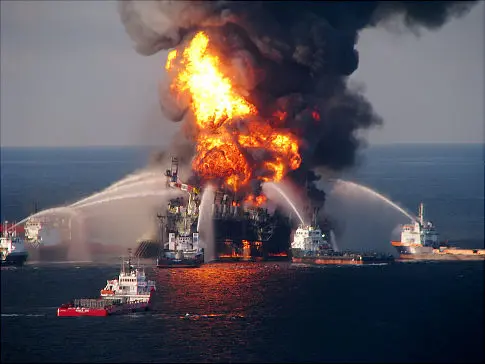 Deepwater Horizon rig in fire in the Gulf of Mexico.